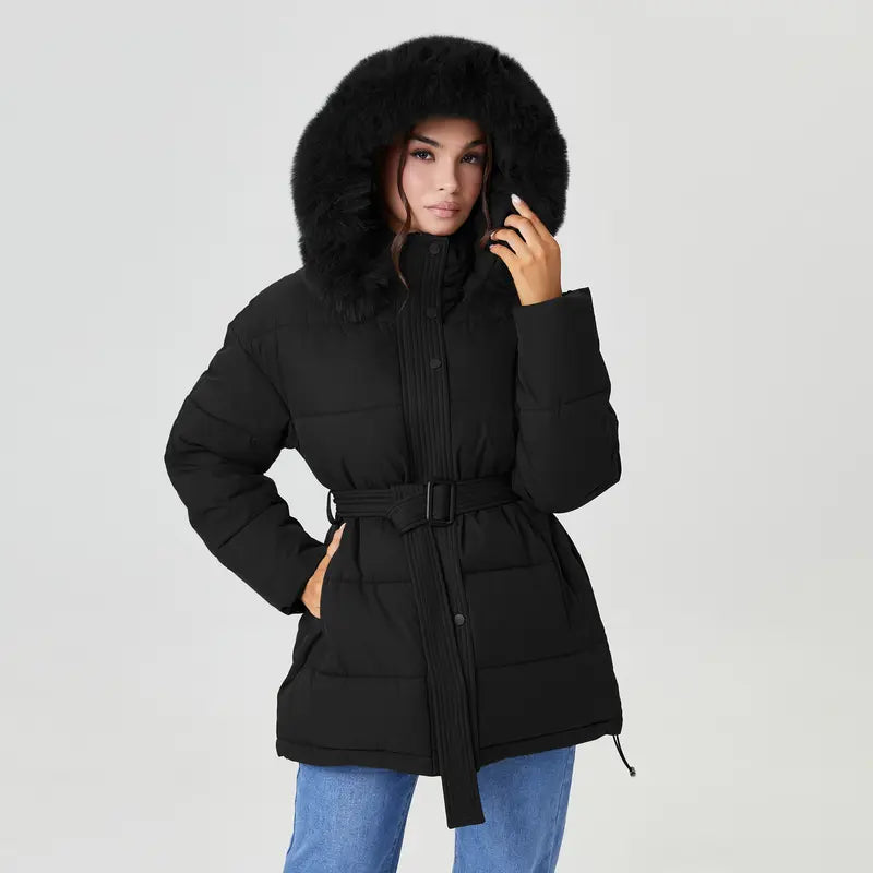 Cozy Fluffy Hooded Zip-Up Belt Decor